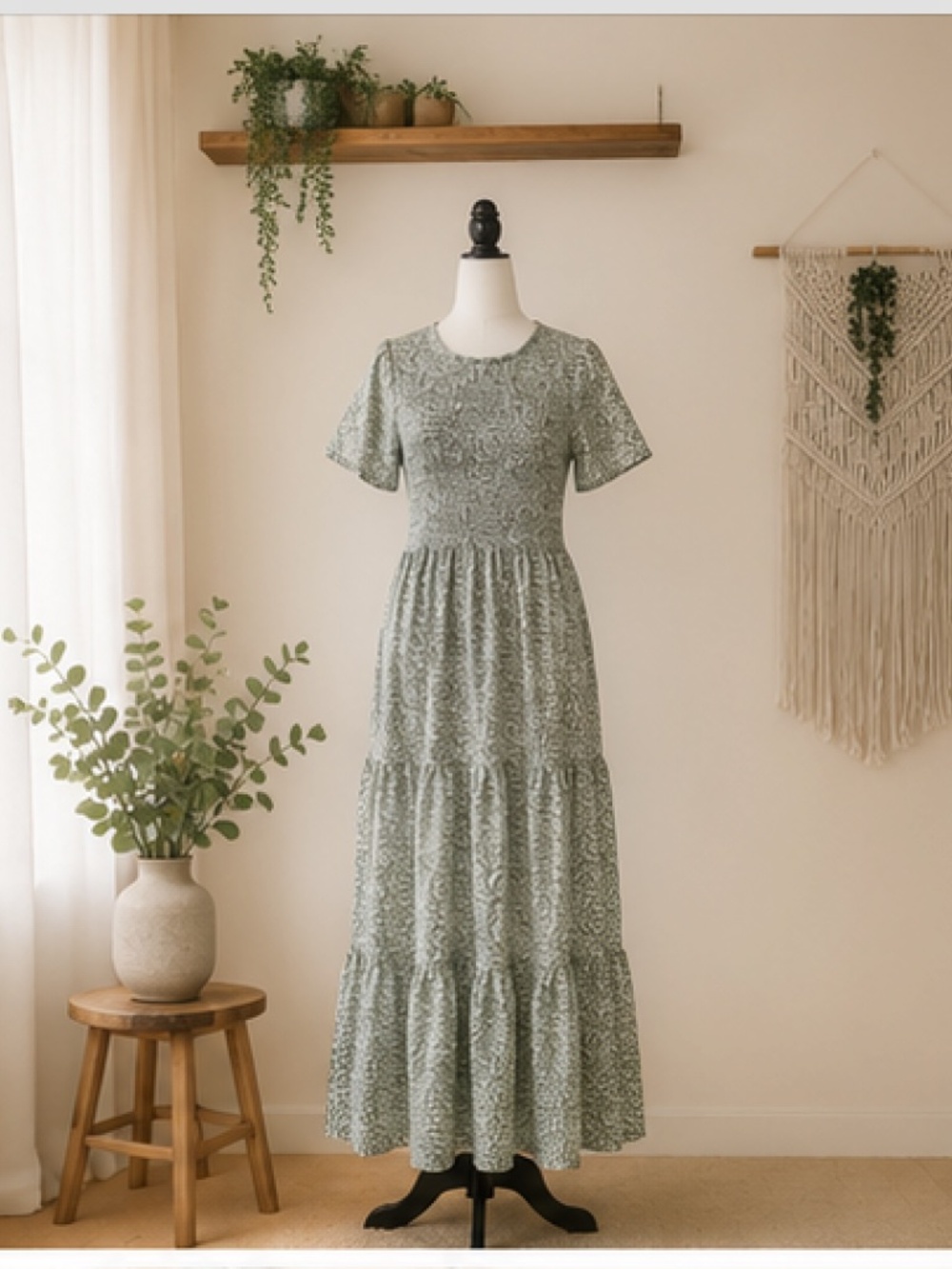 Polagram Smocked Tiered Maxi Dress Sage Green Floral Small Cottagecore - Picture 3 of 8
